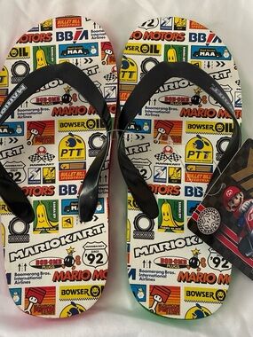 Nintendo Mario Kart Flip Flops with Black Straps and Multicolor Graphic